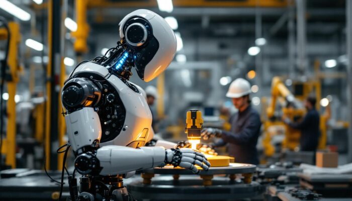 A photograph of a modern industrial robot in action within a manufacturing environment