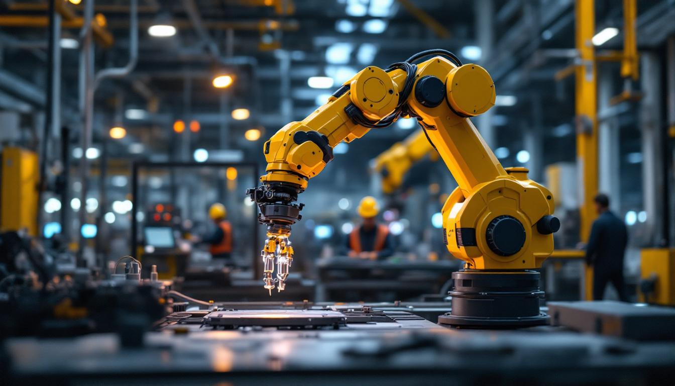 A photograph of a dynamic industrial robotic arm in action within a modern manufacturing setting