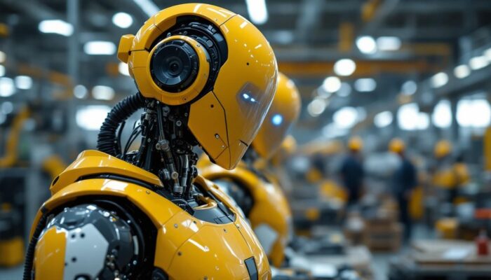 A photograph of a humanoid robot in an industrial setting