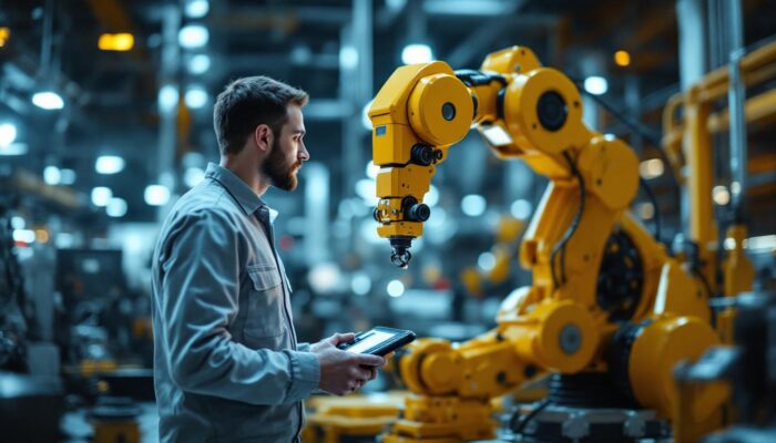 A photograph of a skilled operator using a remote control to maneuver an industrial robot in a dynamic manufacturing environment