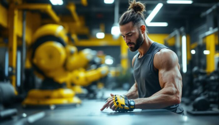 A photograph of a gym instructor demonstrating the use of industrial robotic equipment in a fitness setting