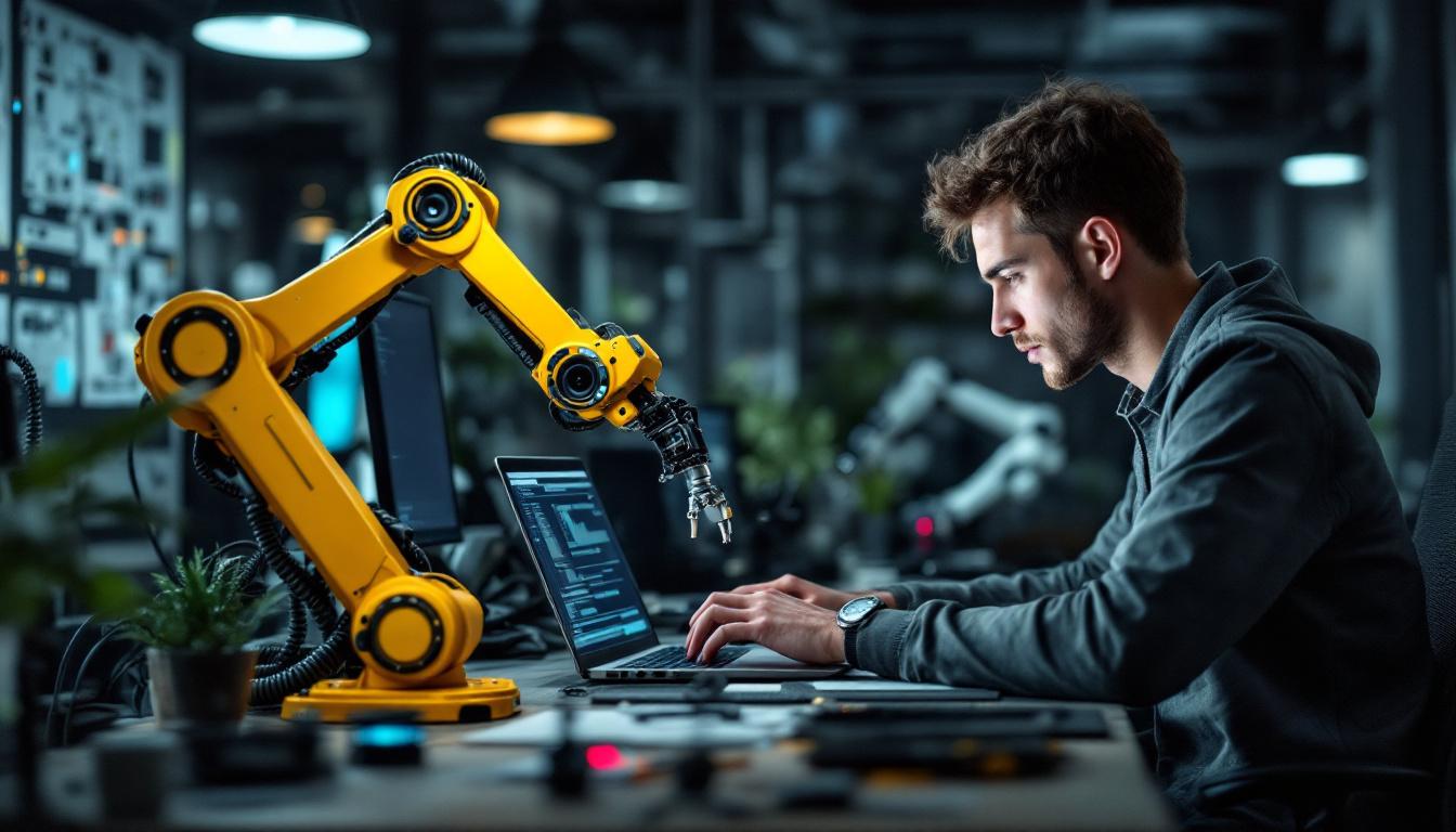 A photograph of a junior software engineer working collaboratively at a desk with a laptop