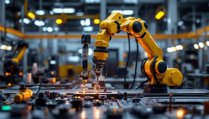 A photograph of a sleek industrial robotic arm in action within a modern manufacturing environment