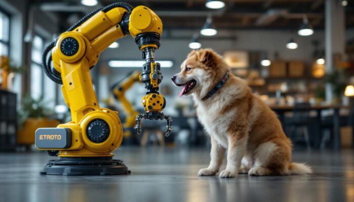 A photograph of a playful dog interacting with an industrial robotic arm in a spacious
