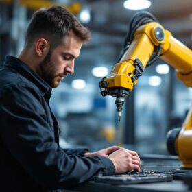 A photograph of a skilled industrial engineer working alongside a robotic arm in a modern manufacturing setting