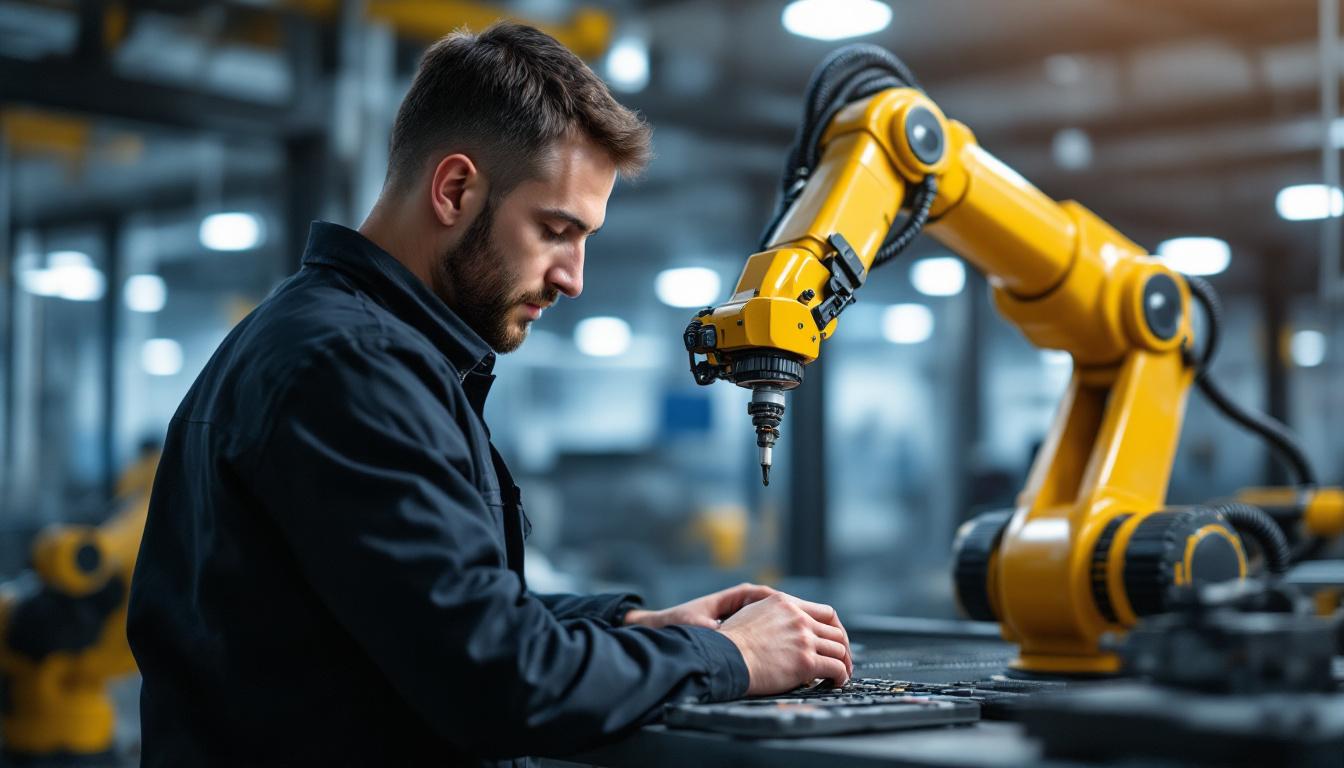 A photograph of a skilled industrial engineer working alongside a robotic arm in a modern manufacturing setting