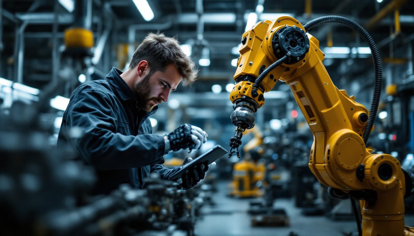 A photograph of a skilled engineer working on an industrial robotic arm in a modern automotive workshop