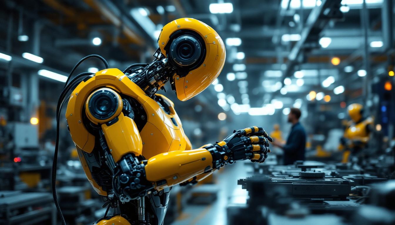 A photograph of a high-tech industrial robot in action within a modern manufacturing facility