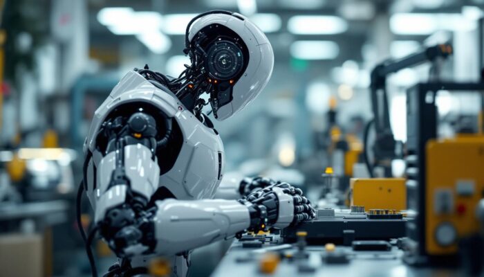 A photograph of a sleek industrial robot in action within a modern lab environment