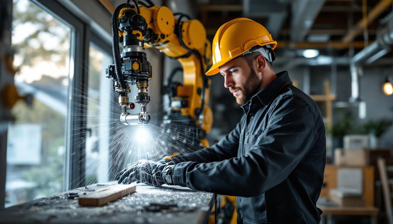 A photograph of a skilled technician operating an industrial robotic arm during a home inspection