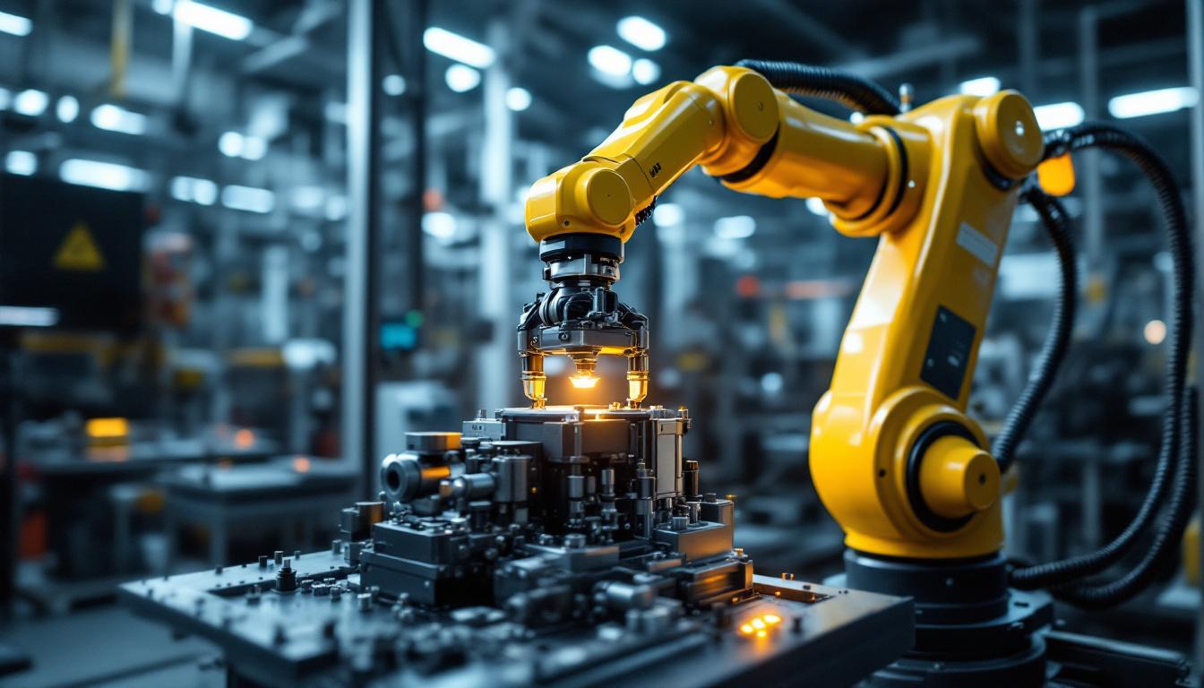 A photograph of a sleek industrial robotic arm in action