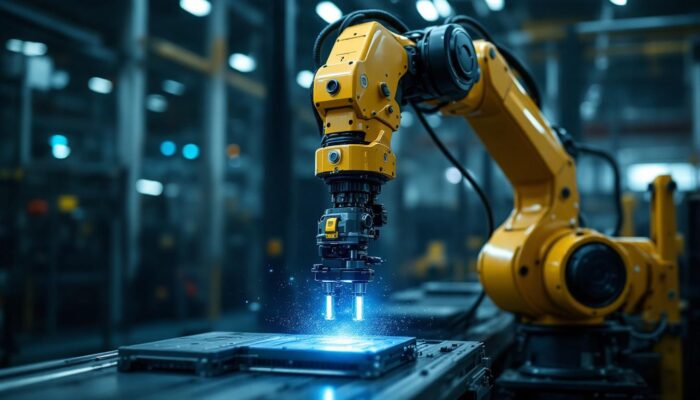 A photograph of a high-tech industrial robotic arm in action