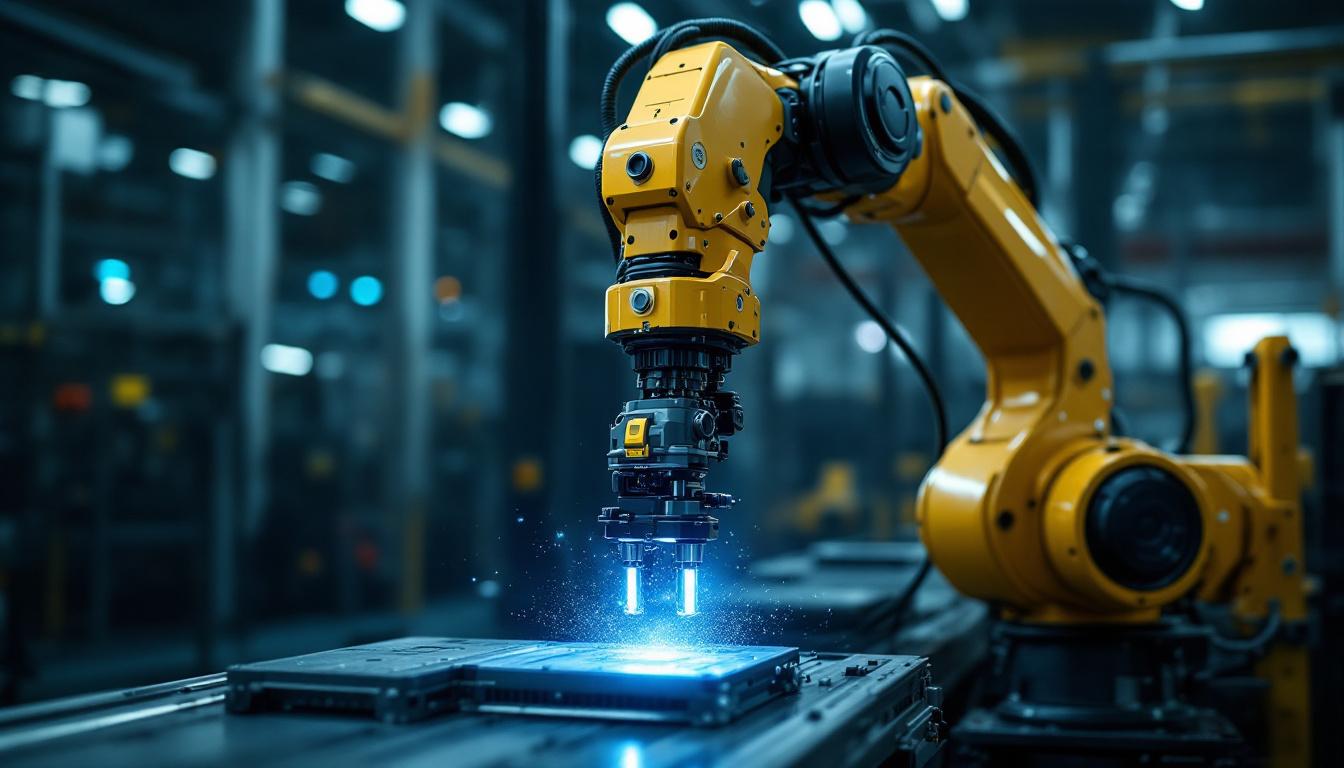 A photograph of a high-tech industrial robotic arm in action