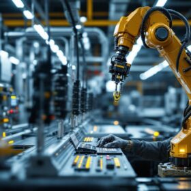 A photograph of a skilled technician interacting with a brother industrial robotic system in a modern manufacturing environment