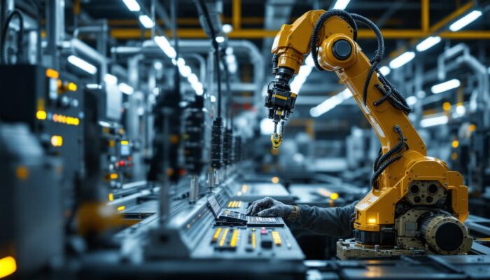 A photograph of a skilled technician interacting with a brother industrial robotic system in a modern manufacturing environment