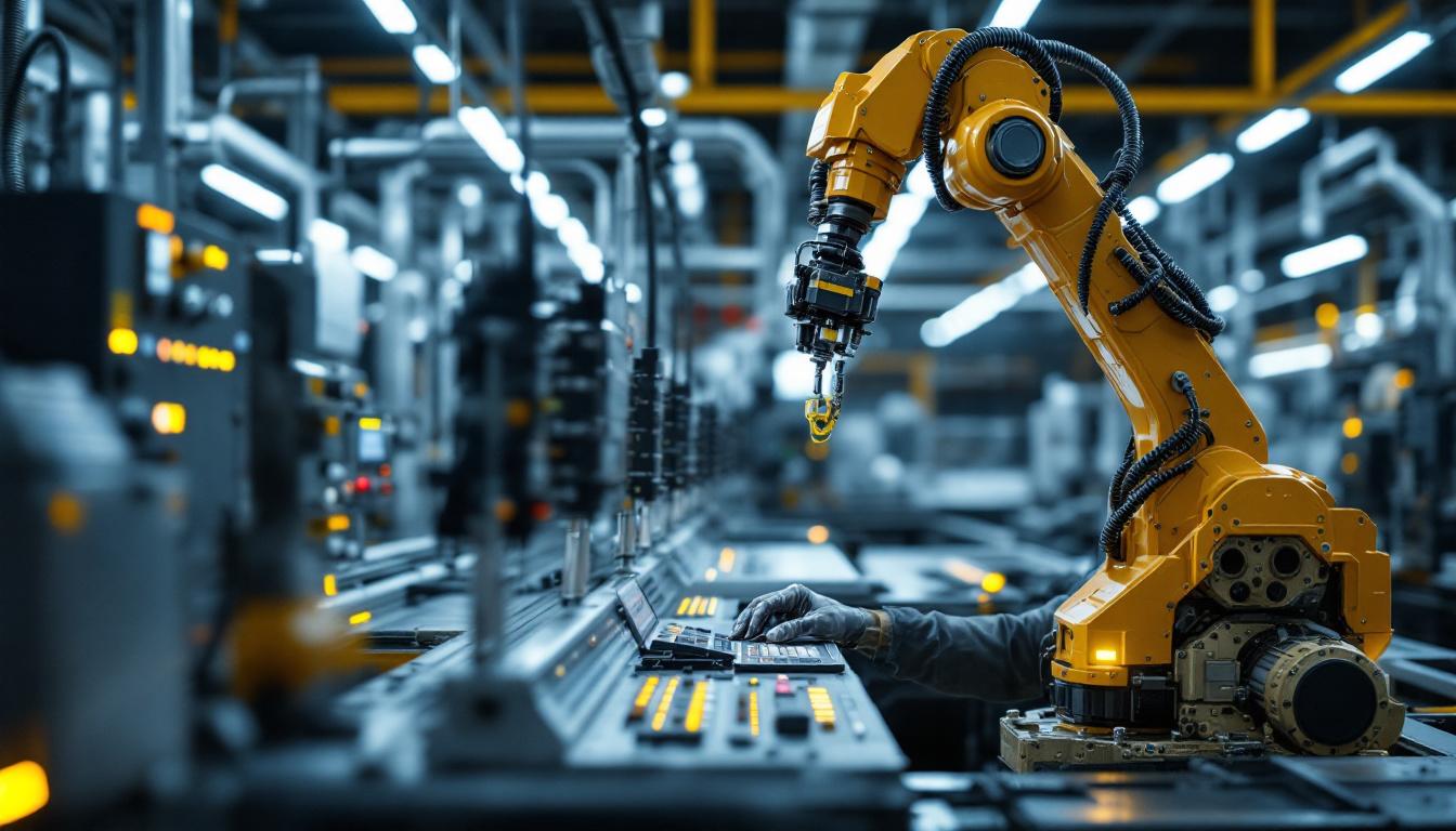 A photograph of a skilled technician interacting with a brother industrial robotic system in a modern manufacturing environment