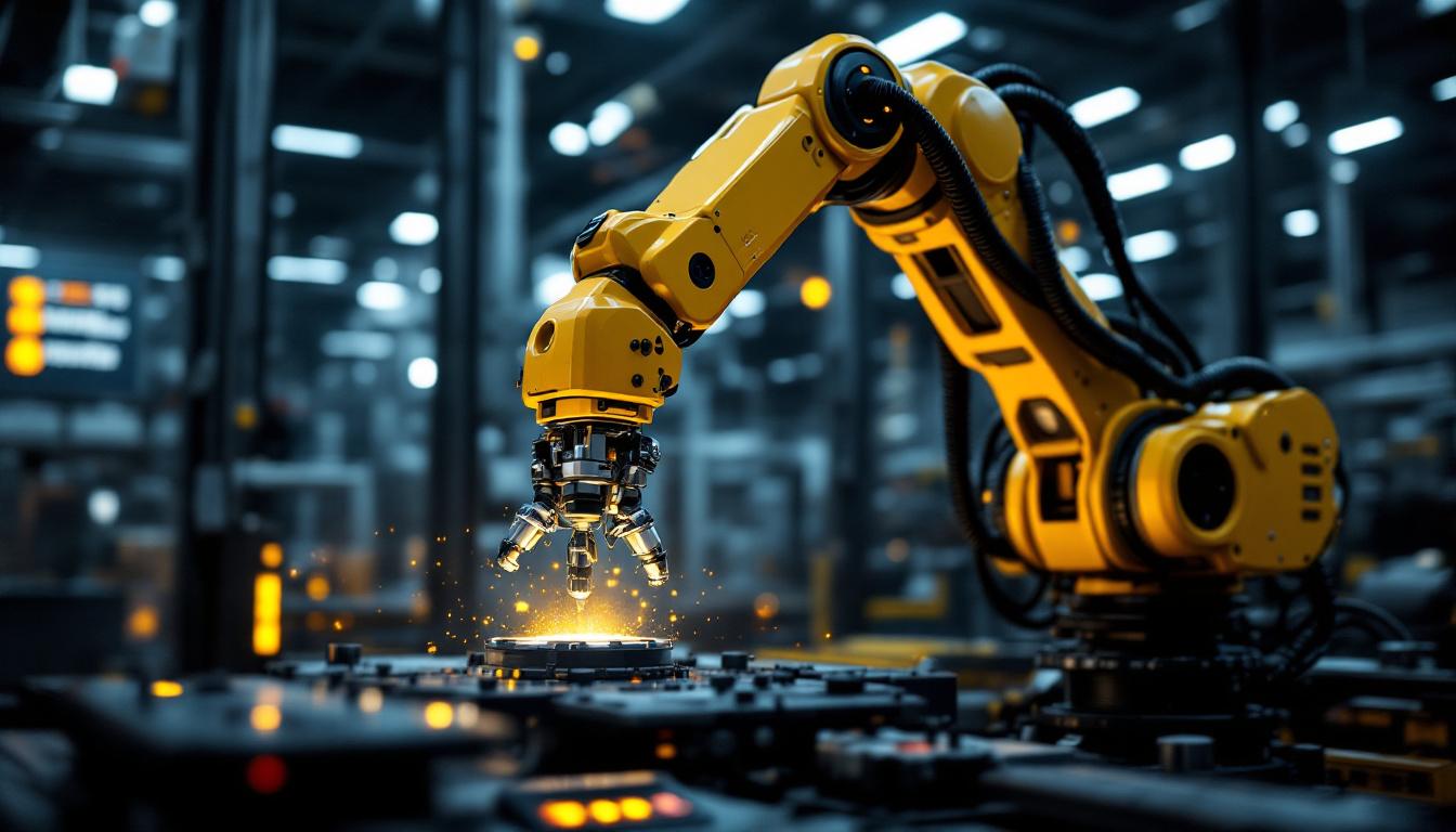 A photograph of a sleek industrial robotic arm in action