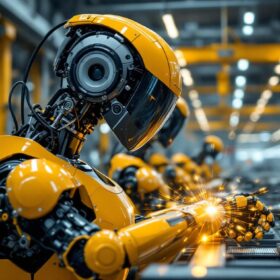 A photograph of a sleek industrial robot in action within a manufacturing setting