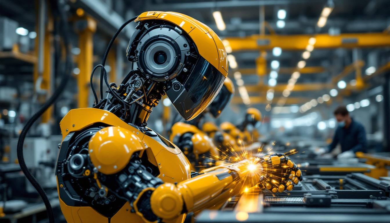 A photograph of a sleek industrial robot in action within a manufacturing setting