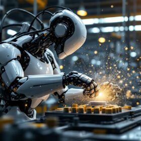 A photograph of a sleek industrial robot in action on a factory floor