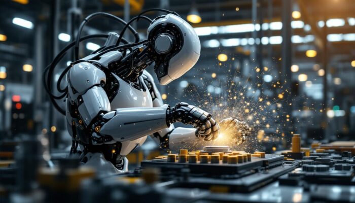 A photograph of a sleek industrial robot in action on a factory floor