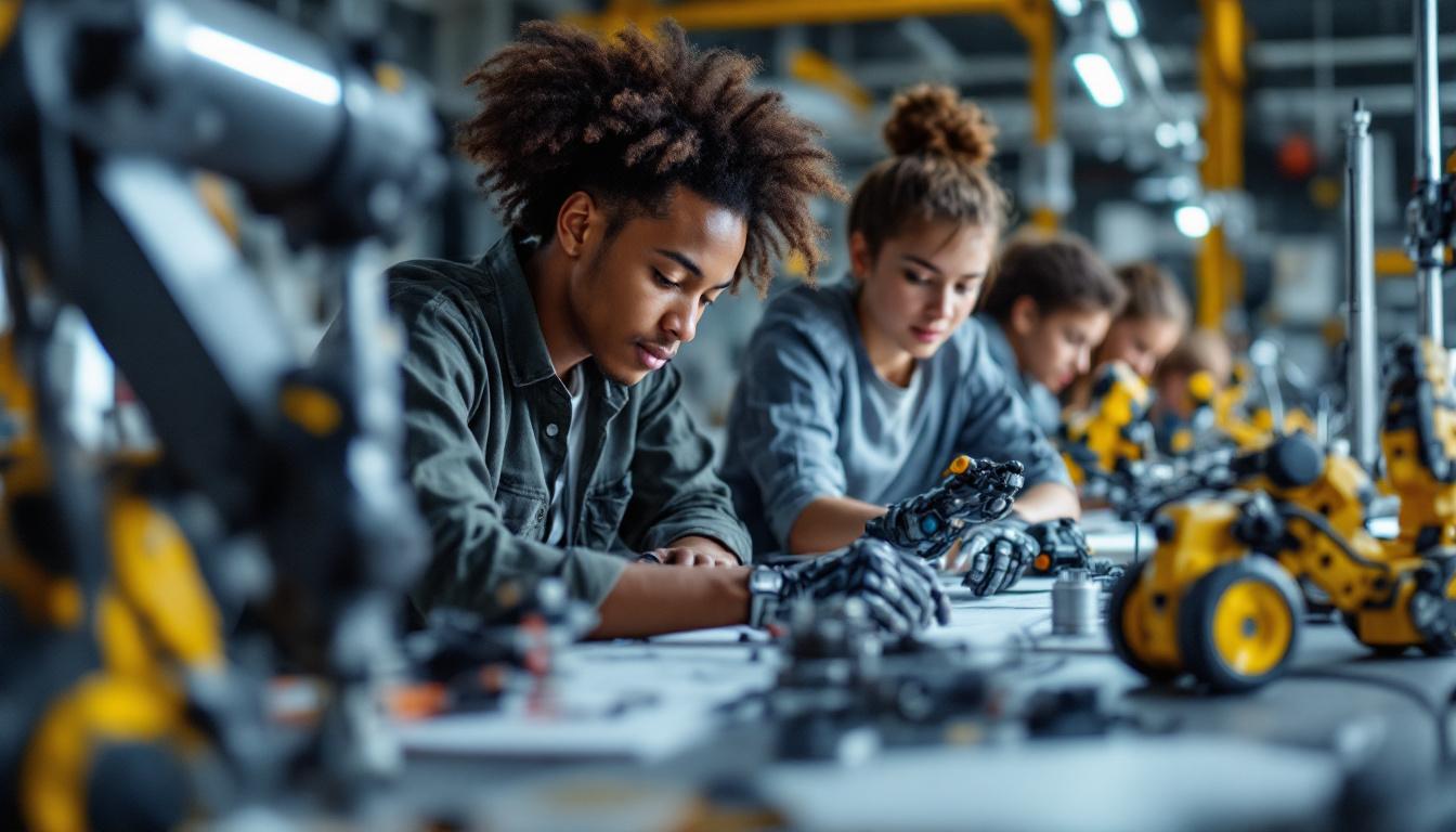 A photograph of a diverse group of students actively engaged in a hands-on robotics workshop