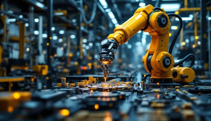 A photograph of a dynamic industrial setting featuring a robotic arm in action