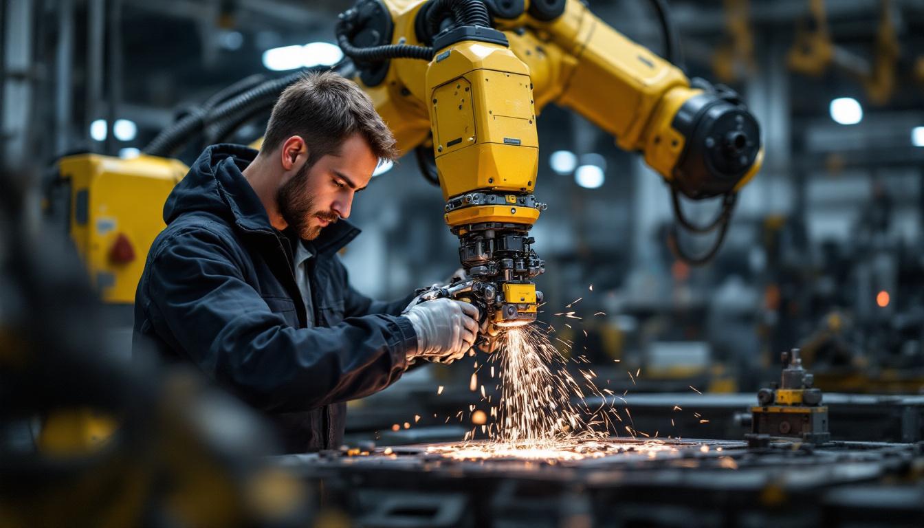 A photograph of a skilled technician operating an industrial robot in a metalworking environment