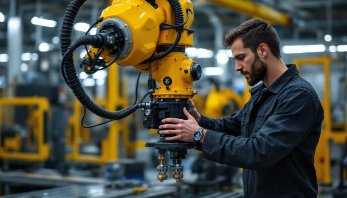 A photograph of a skilled technician securely installing a safe bolt down kit on an industrial robot in a factory setting