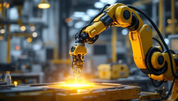 A photograph of a modern industrial robotic arm in action