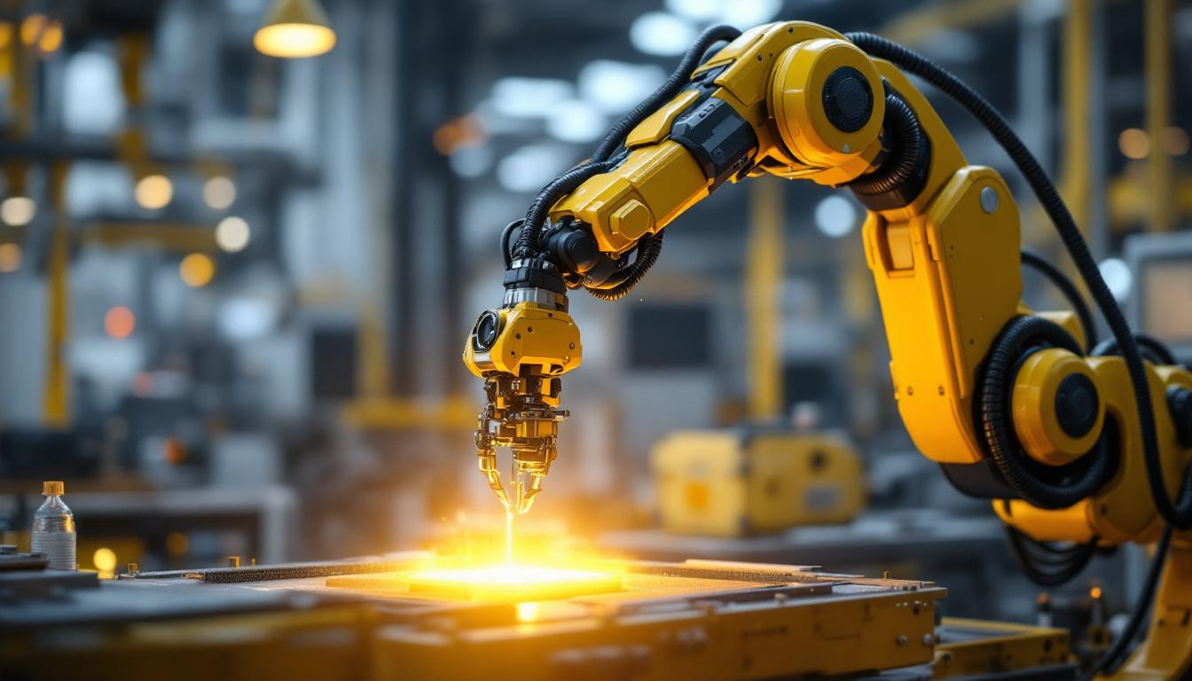 A photograph of a modern industrial robotic arm in action