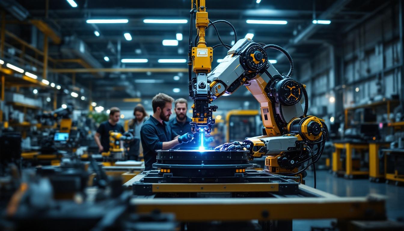 A photograph of a cutting-edge industrial robot in action within a modern innovation lab setting
