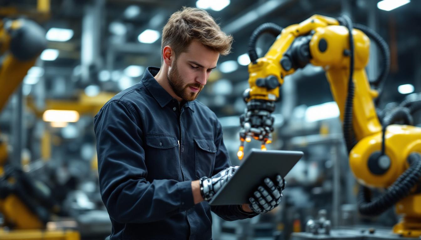 A photograph of a skilled engineer working on an industrial robotic arm in a modern manufacturing environment