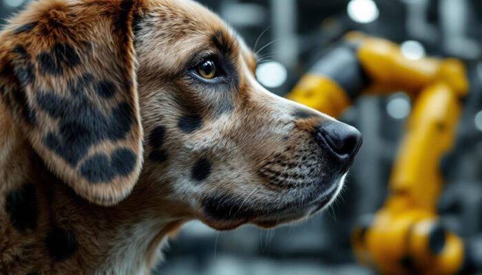 A photograph of a close-up of a dog's fur showing distinct black spots