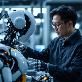 A photograph of capture a photograph of dr. alex su engaging with an industrial robot in a modern manufacturing environment