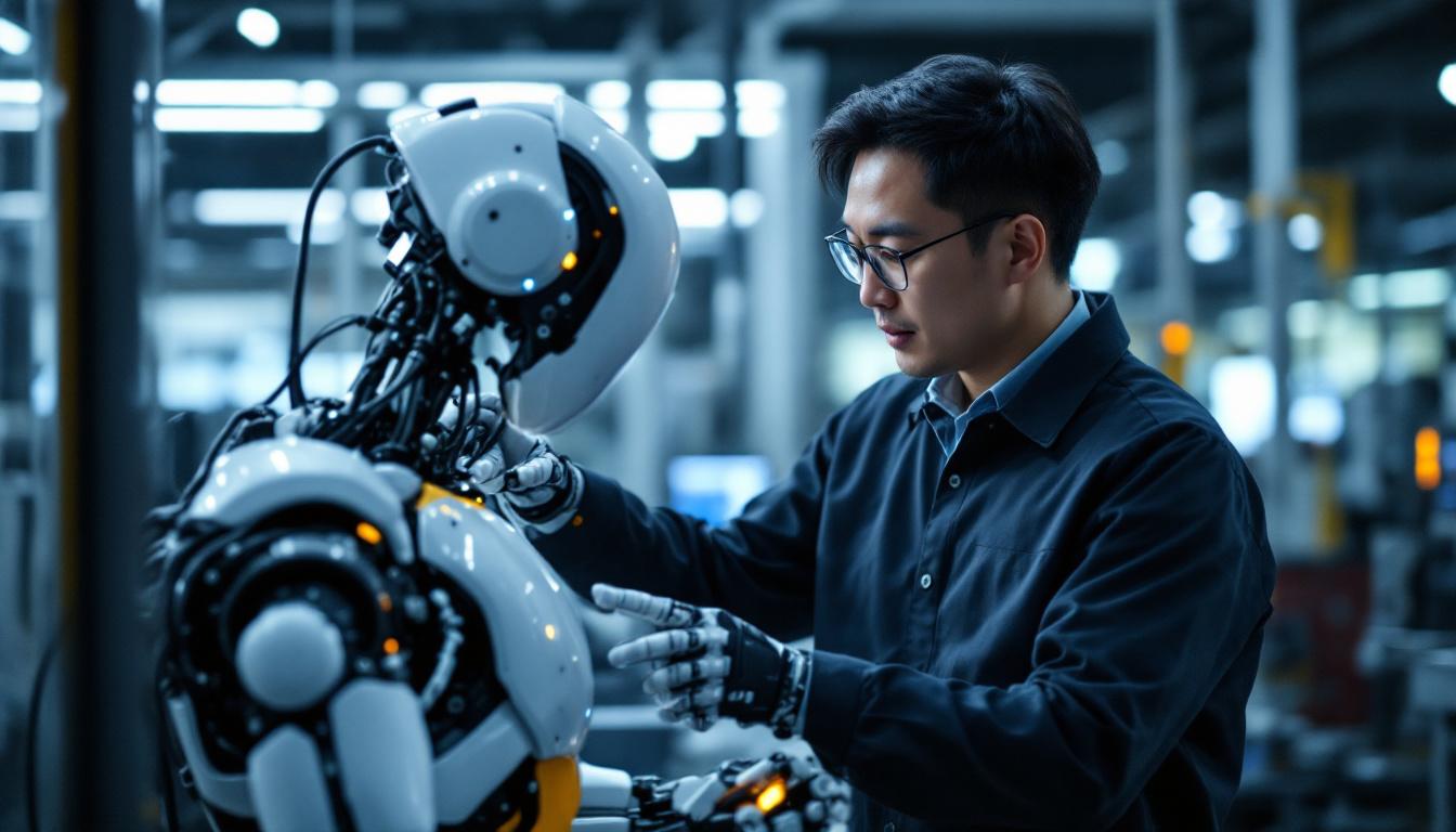 A photograph of capture a photograph of dr. alex su engaging with an industrial robot in a modern manufacturing environment