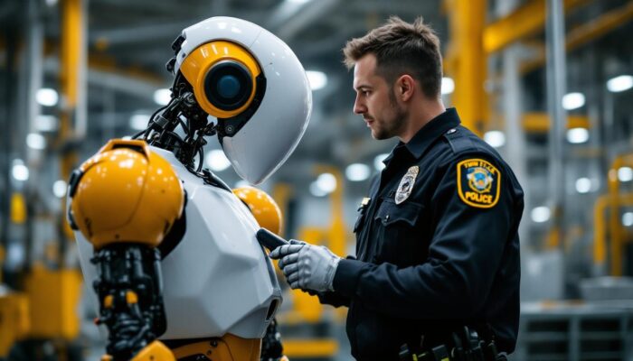 A photograph of a twin falls police officer interacting with an industrial robot in a local manufacturing facility