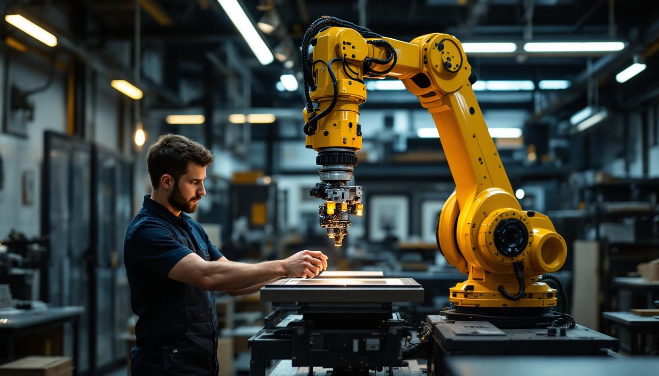A photograph of a skilled technician operating an industrial robotic arm in a modern frame shop