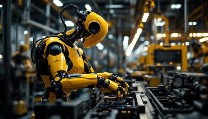 A photograph of a modern industrial robot in action on a manufacturing floor