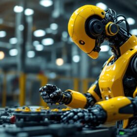 A photograph of a dynamic industrial robot in action within a manufacturing setting