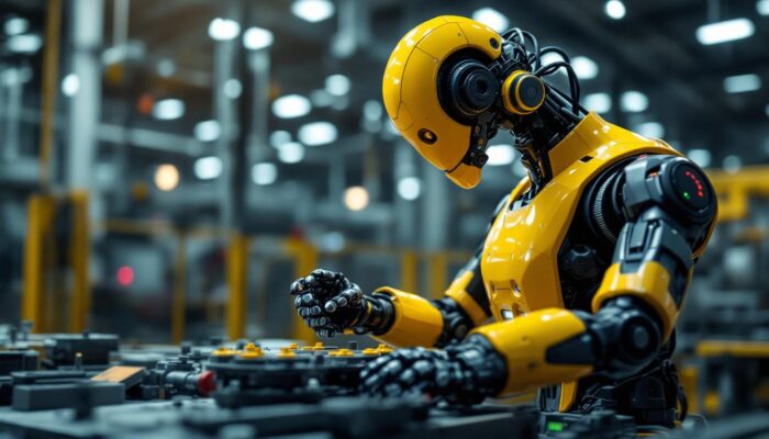 A photograph of a dynamic industrial robot in action within a manufacturing setting