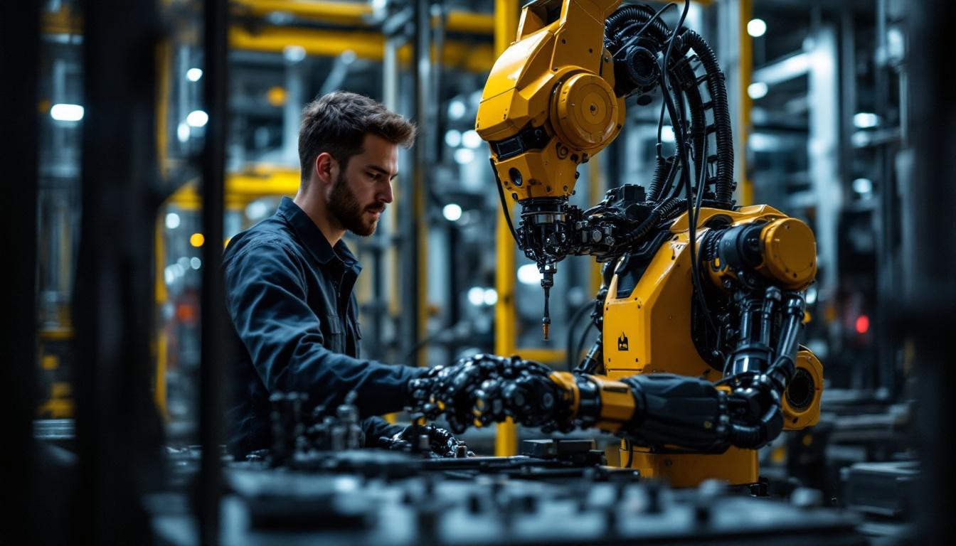 A photograph of a skilled intern programming or operating an industrial robot in a modern manufacturing environment