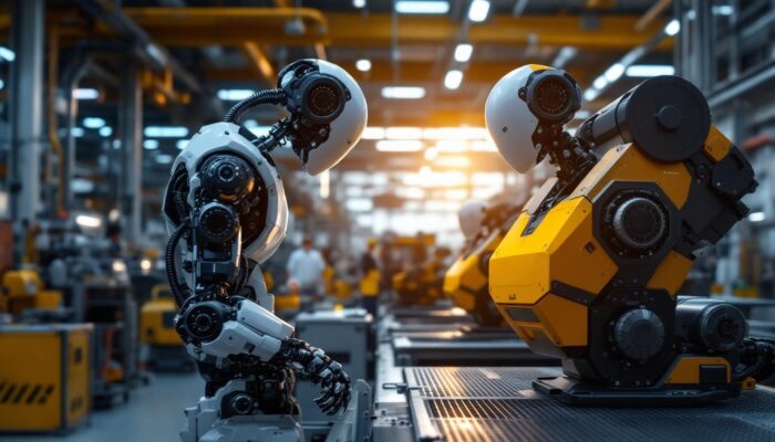 A photograph of a sleek industrial robot in action within a modern manufacturing facility