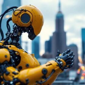 A photograph of a dynamic industrial robot in action