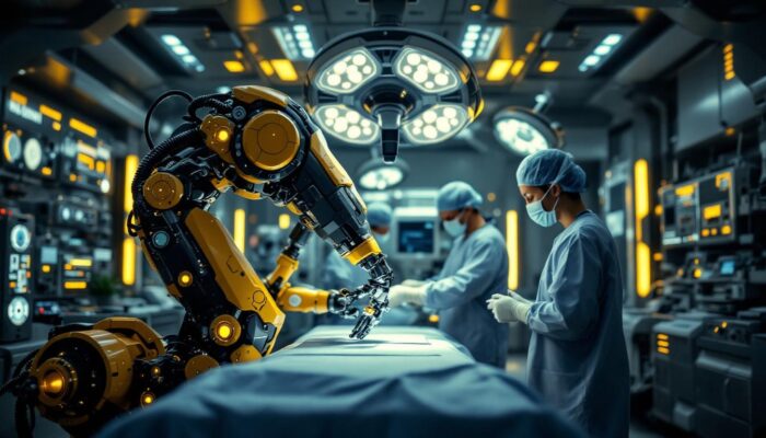 A photograph of a state-of-the-art surgical robot in action within a modern operating room