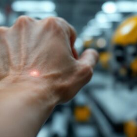 A photograph of a close-up of a person's arm featuring a small black spot