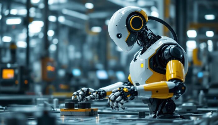 A photograph of a sleek industrial robot in action within a modern manufacturing environment