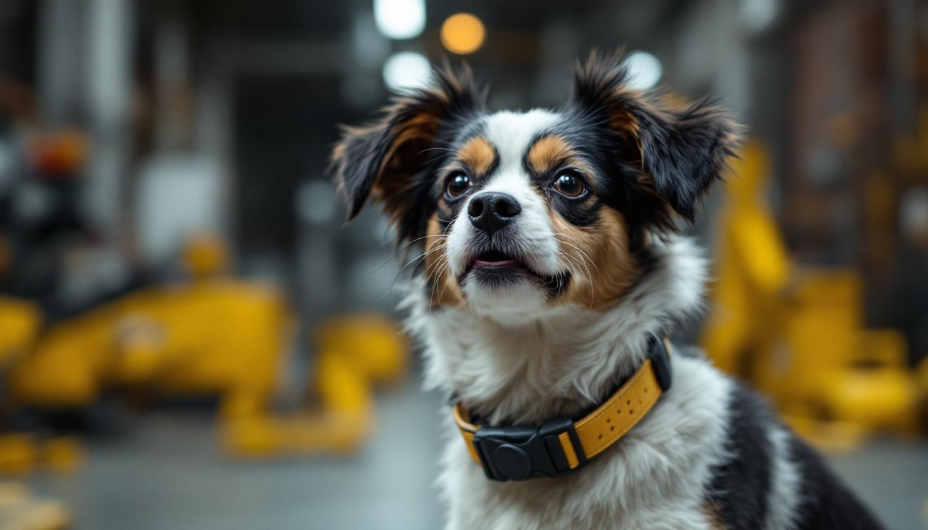 A photograph of a playful dog wearing a stylish collar in an industrial setting