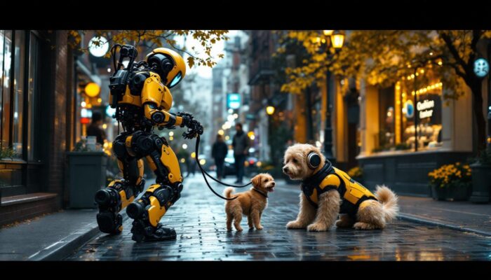 A photograph of a lively boston street scene featuring a person walking a dog alongside an industrial robot