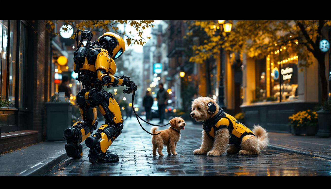 A photograph of a lively boston street scene featuring a person walking a dog alongside an industrial robot